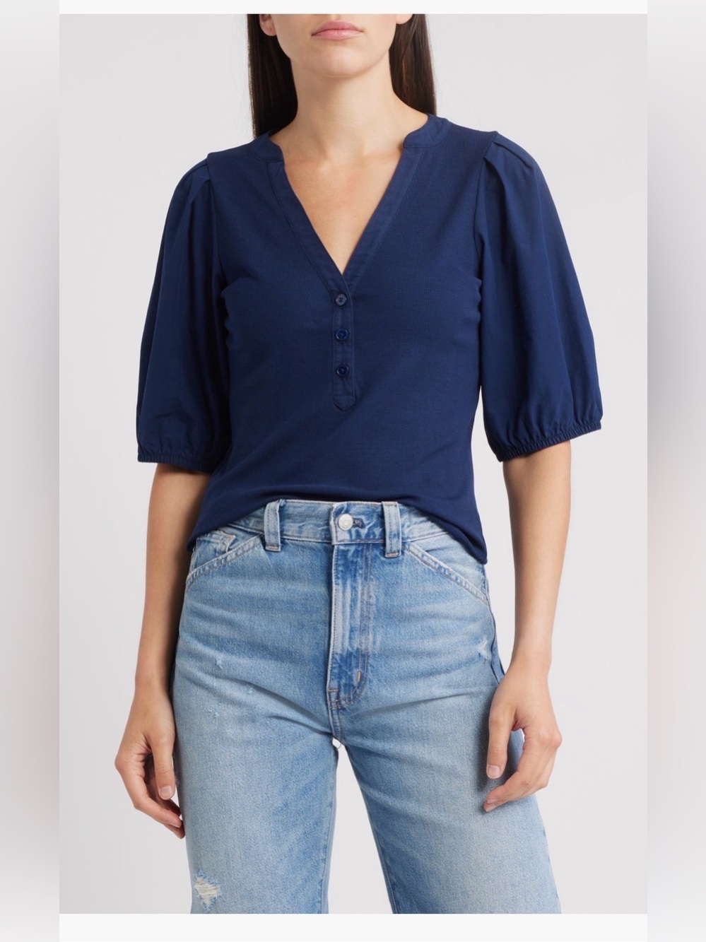 Madewell Puff Sleeve Henley Knit Top Blue Modal Blend Size XL NWT - Picture 2 of 12